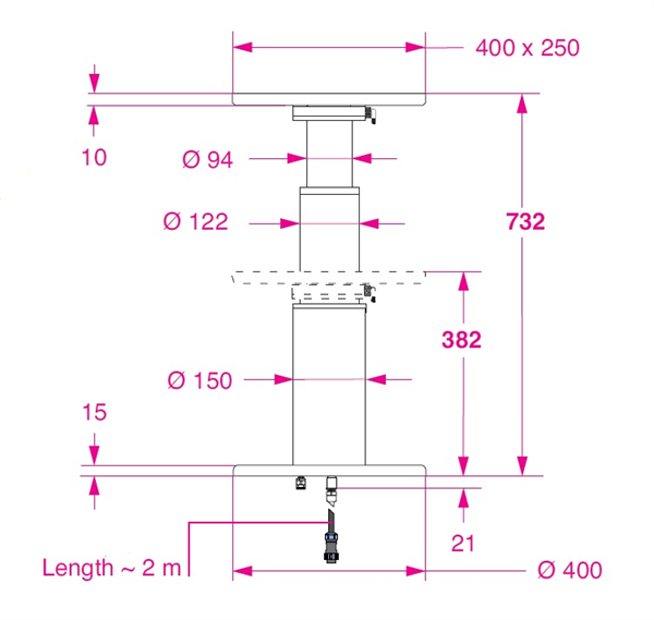 Barka Elektrikli, Döner Tablalı  Masa Ayağı. 12V. 2 Kademe - 732mm